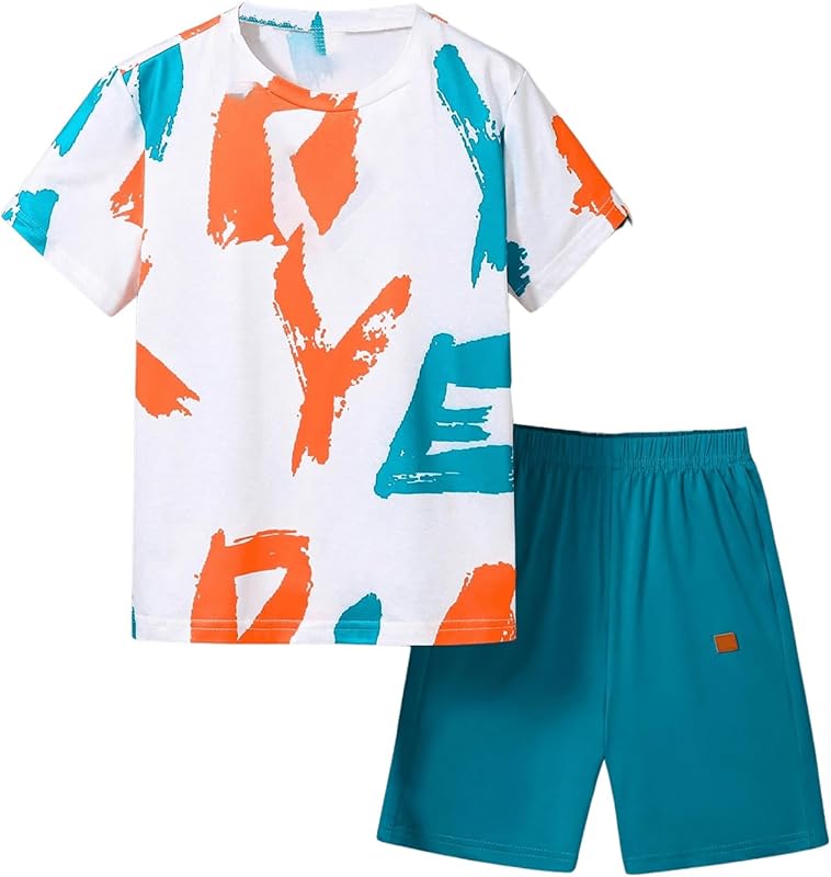 GORGLITTER Boy's Summer Outfits Letter Print Short Sleeve T Shirts Elastic Waist Track Shorts 2 Piece Clothing Set