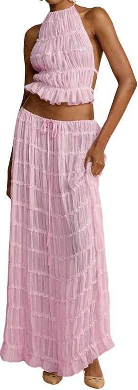 Unybwonn Maxi Skirt Set Summer Two Piece Outfits Backless Backless Halter Top Pleated Flowy Long Skirts Y2k Beach Set