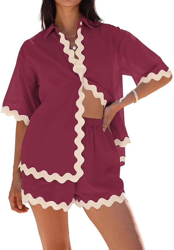 Danedvi Womens 2 Piece Outfits Beach Vacation Summer Short Sleeve Button Down Shirts and Shorts Lounge Sets