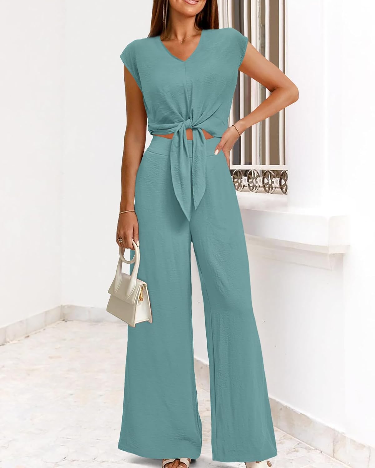 PRETTYGARDEN Women's Summer 2 Piece Outfits 2025 Cap Sleeve V Neck Belted Crop Tops Wide Leg Pant Sets Casual Tracksuit