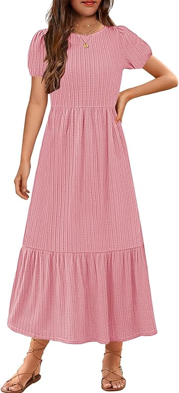 YOVION Girls Maxi Dress Summer Puff Sleeve Crew Neck Tiered Flowy Casual Holiday Dresses with Pockets for 6-12 Y