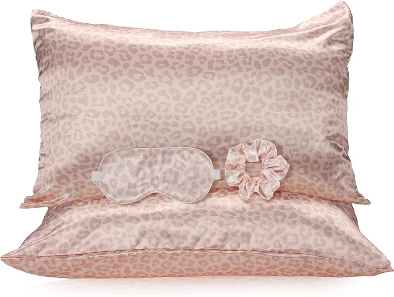 2 Pack Satin Pillowcase with Latent Zipper, Adjustable Satin Eye Mask for Sleeping and Satin Volume Scrunchie for Hair and Skin, Standard Size (Brown,Leopard Style)