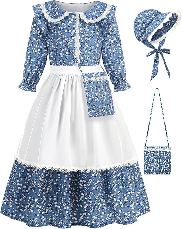 Girls Pioneer Costume Floral Colonial Prairie Dress for Little Kids with Apron and Bonnet