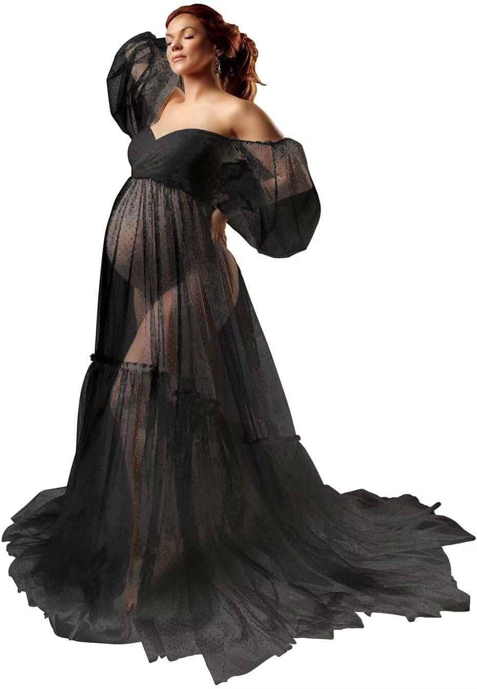 Off Shoulder Tulle Maternity Dress for Photoshoot Puffy Sleeve Wedding Bridal Pregnancy Robe Baby Shower Photography