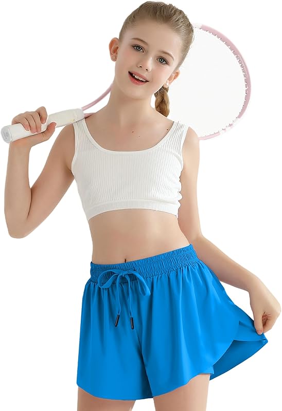 Girls Flowy Athletic Shorts with Pocket Kids Spandex 2 in 1 Drawstring Butterfly Skorts for Cheer, Dance, Running