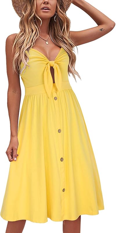 VOTEPRETTY Womens Summer Dresses Tie Front Beach Dress Spaghetti Strap Sundress with Pockets for Party Vacation