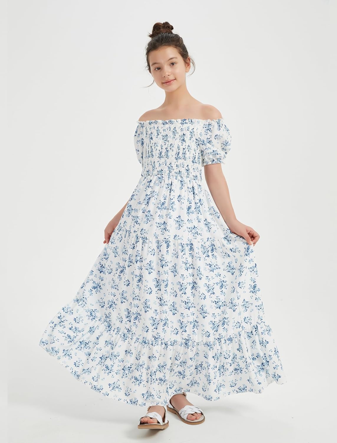 EXARUS Girls Maxi Long Smocked Dress Tween Swiss Dots Summer Square Neck Short Sleeve Casual A-line Dresses for 6-12Y