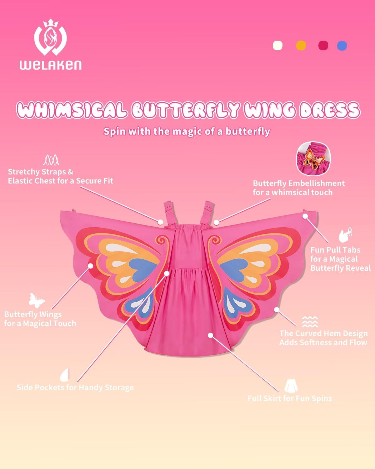 WELAKEN Kid Girls Butterfly Wings Dress - Toddler Cotton Sleeveless Fairy Sundress with Pockets