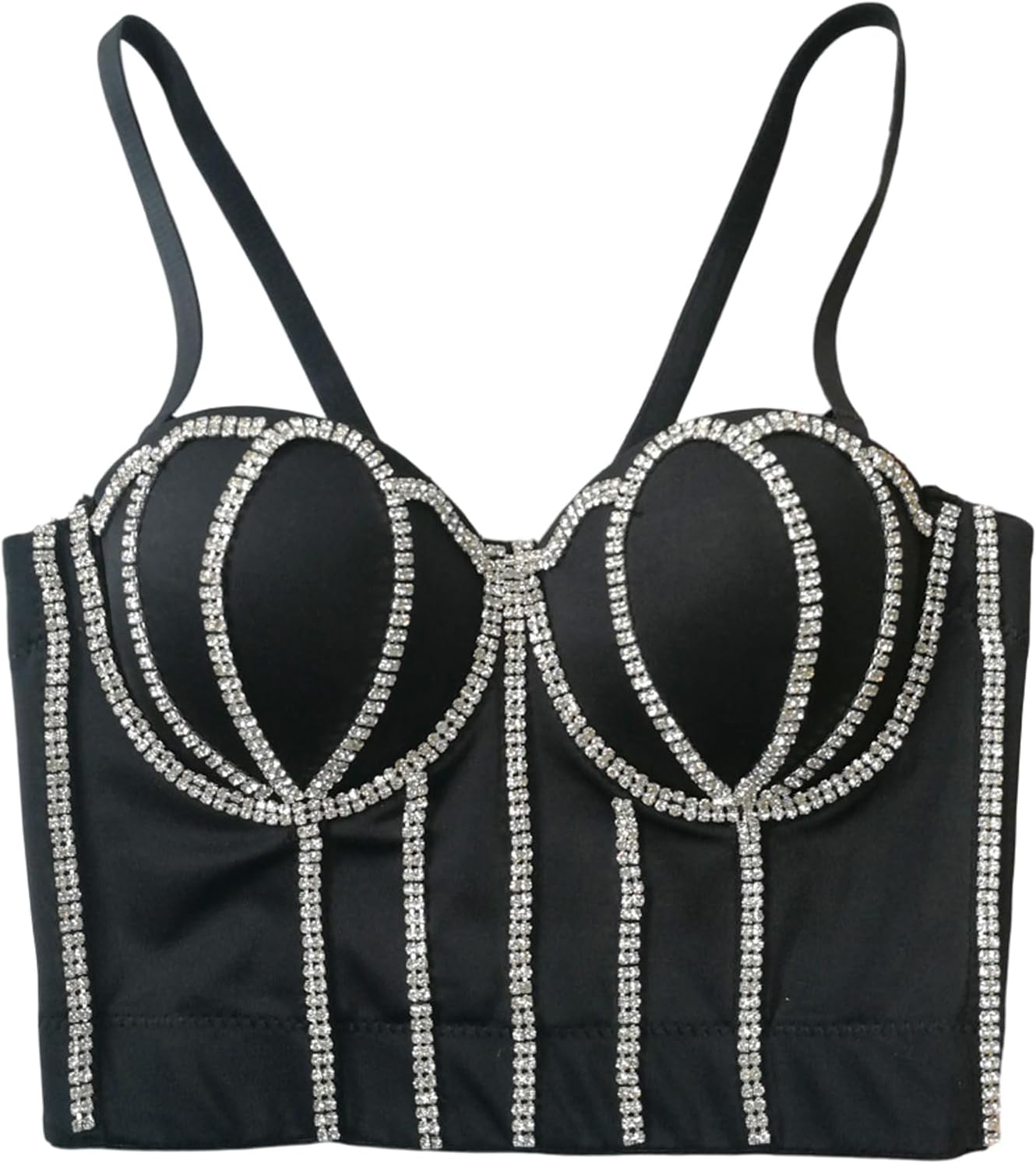 Women's Handmade Rhinestone Diamond Push up Bustier Crop Top Punk Corset Bra Vest With Detachable Strap