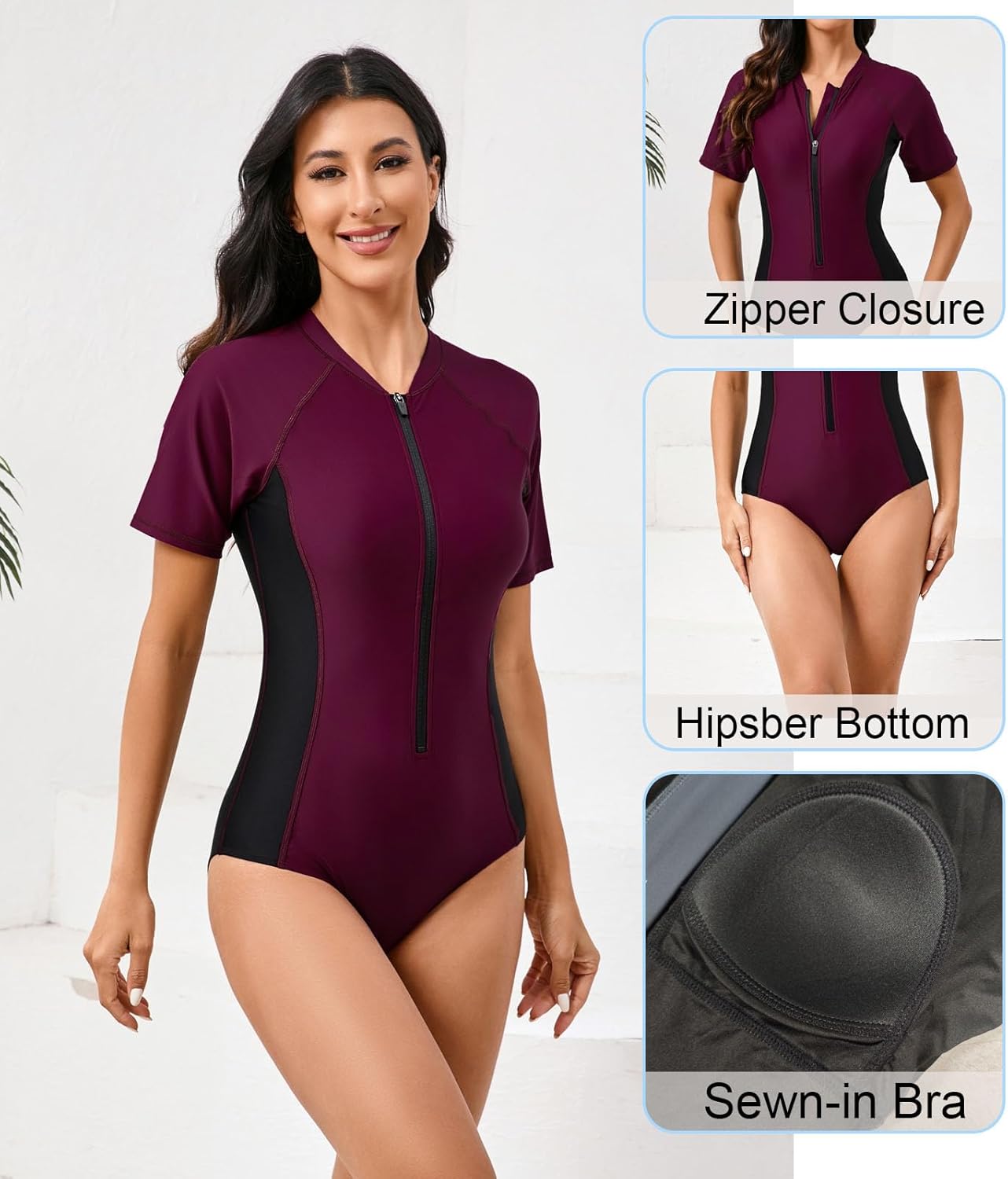 Halcurt Women's Short Sleeve One Piece Rash Guard Swimsuit Zip Front UPF50+ Surfing Athletic Bathing Suit