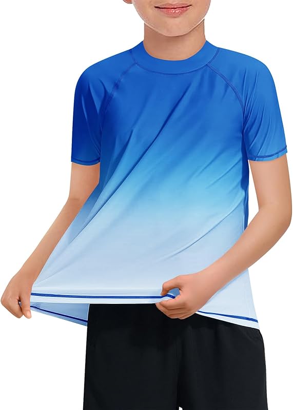 Haloumoning Boys Gradient Rash Guard Swim Shirt Short Sleeve UPF+ 50 Sun Shirts for Kids Rashguard Water Shirts