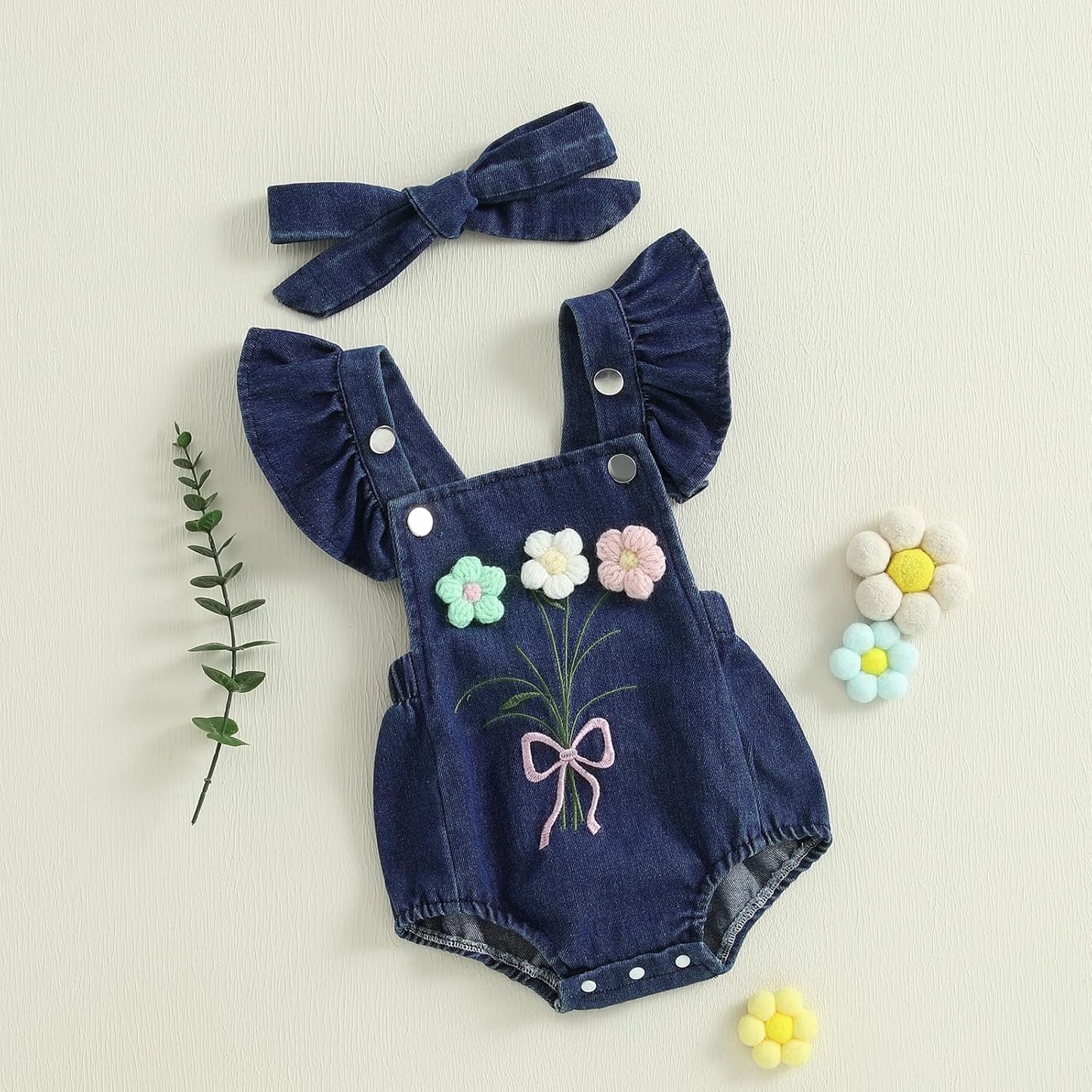 Newborn Baby Girl Romper Ruffle Fly Sleeve 3D Flower Embroidery Denim Jeans Bodysuit Heandband Summer Outfit Clothes