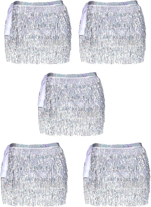 Women Belly Dance Skirt Tassel Fringe Skirts Sparkly Sequin Hip Scarf Party Costume