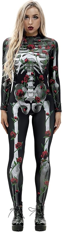 JJEUWE Women's Skeleton Halloween Bodysuit Costume Stretch Skinny Catsuit Jumpsuit