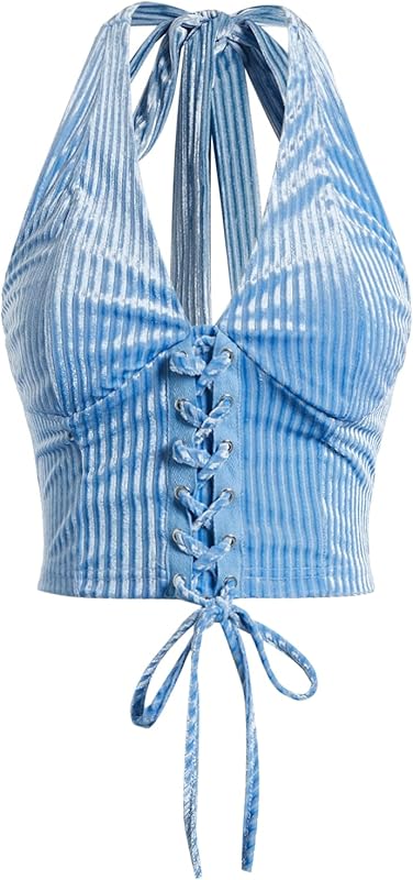 Verdusa Women's Going Out Halter Corset Tops Sleeveless Lace Up Open Back Crop Top