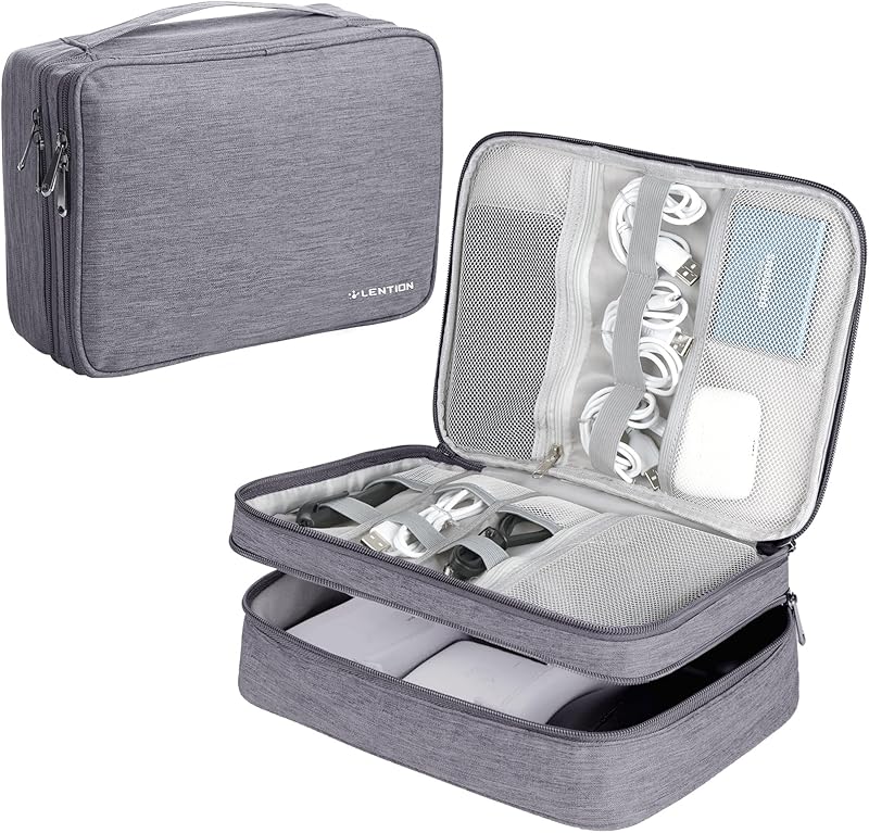LENTION Cable Electronics Organizer Bag Pouch, Travel Accessories Carry Case Waterproof Double Layers All-in-One Storage Bag Carrying for Cord, Charger, Power Bank, Earphone Black