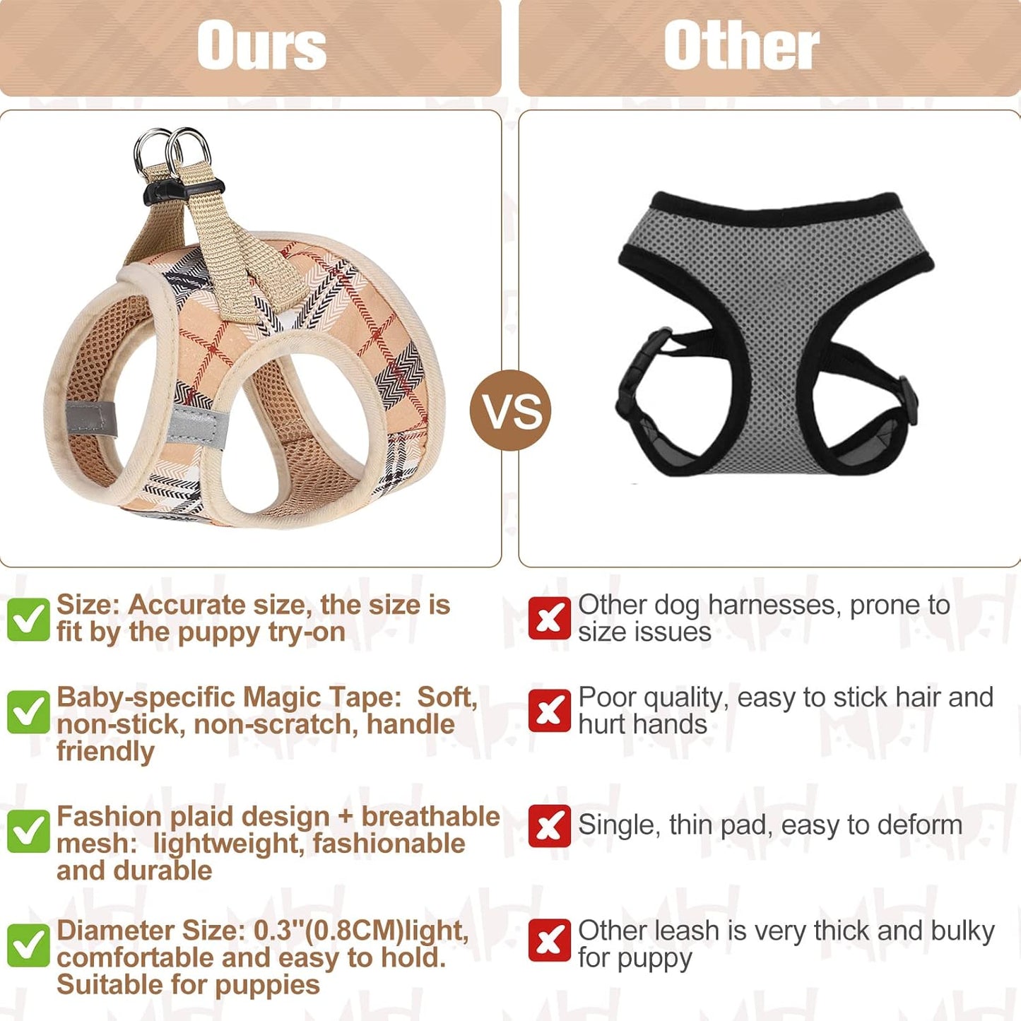 BEAUTYZOO Plaid Dog Harness and Leash Set for XS S Pets, Step-in No Choke No Pull Soft Mesh Vest Harness, Reflective for Extra-Small/Small Medium Puppy Dogs and Cats, Beige S