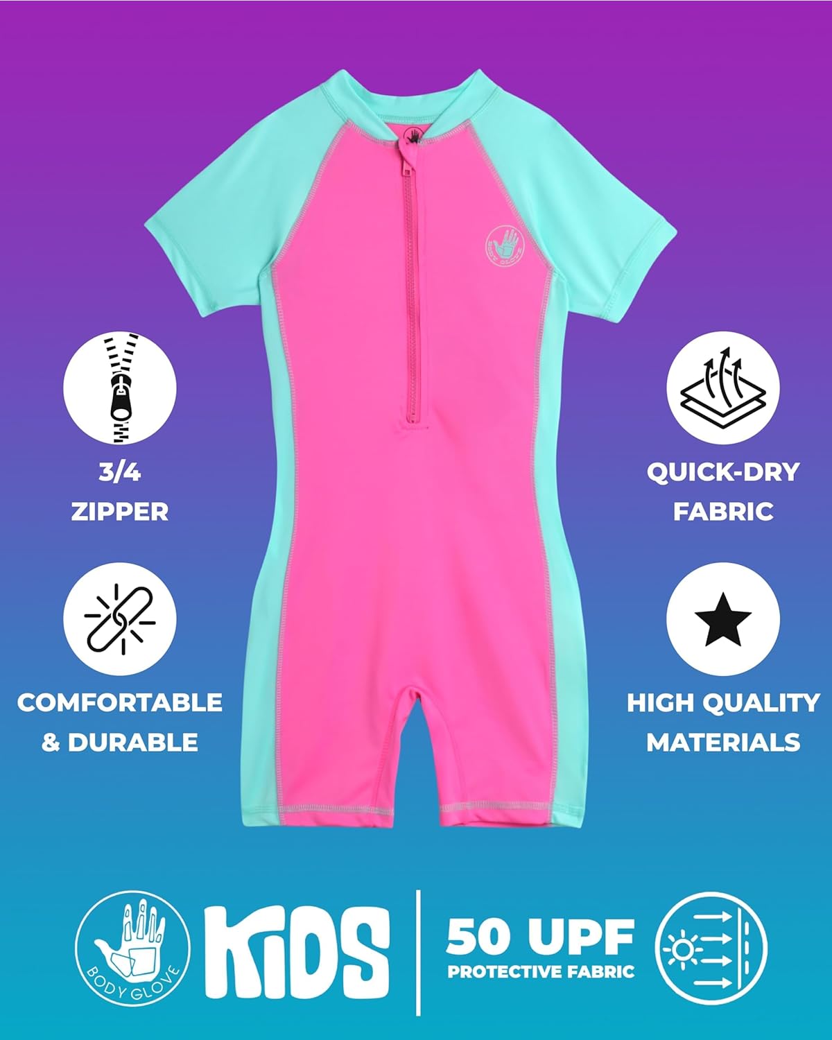 Body Glove Kids Swimsuits - UPF 50+ Short Sleeve One Piece Rashguard Bathing Suit for Girls and Boys (Sizes: 2T-12)