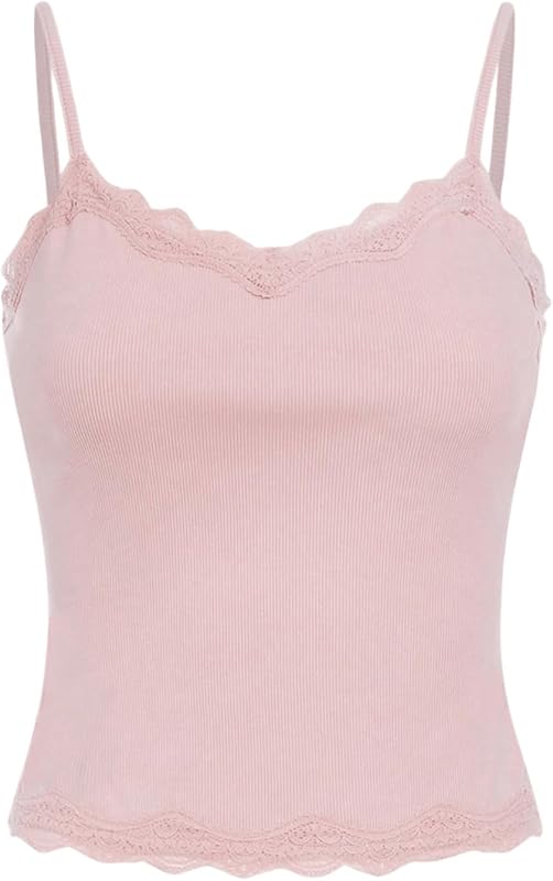 SOLY HUX Girl's Sleeveless Lace Trim Camisoles Spaghetti Strap Ribbed Crop Tank Tops