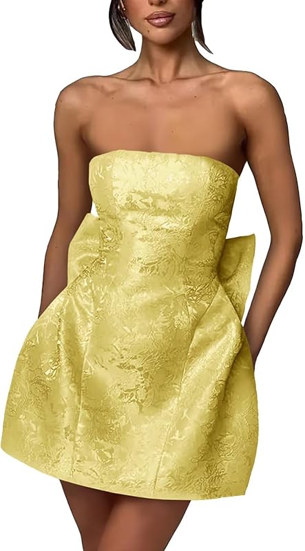 Xijun Short Jacquard Satin Homecoming Dresses for Teens Strapless Embroidery Mini Prom Cocktail Party Gown with Bow