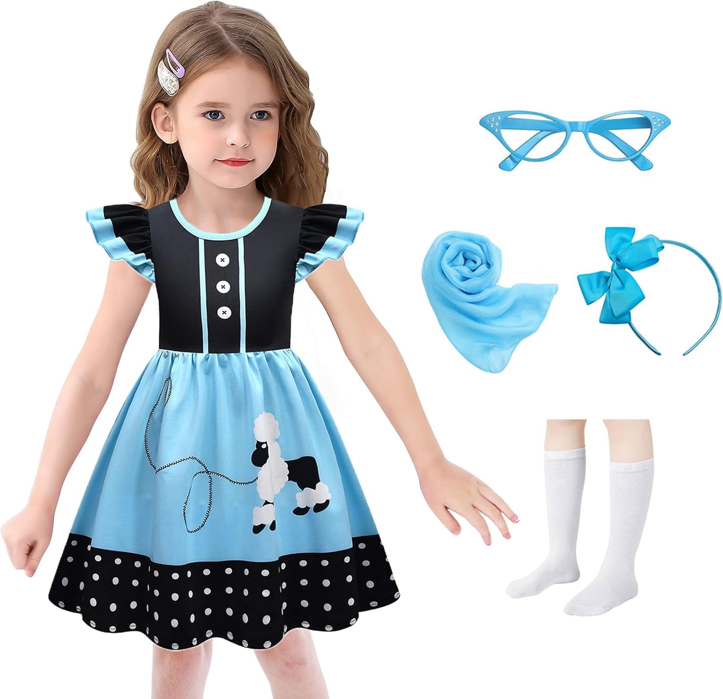 50s Costumes for Girls Kids Poodle Skirts with 4pcs Accessories, 9-12Y
