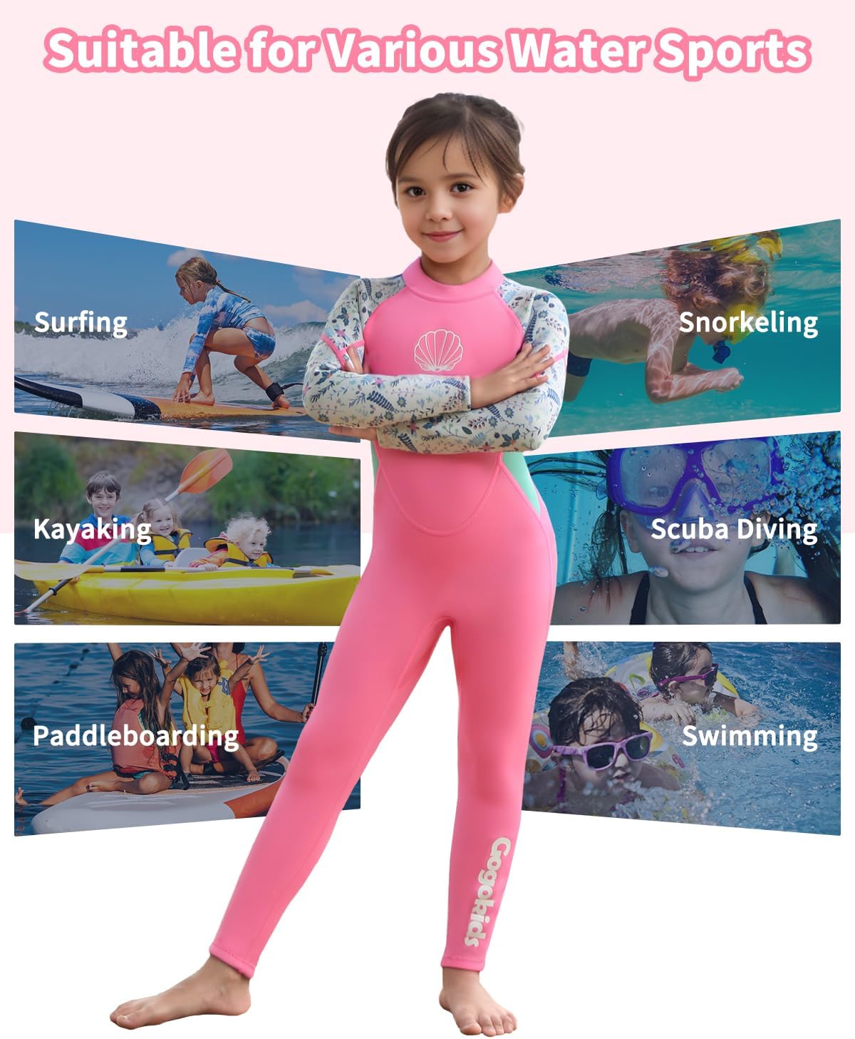 Gogokids Kids Wetsuit, Youth 2.5mm Neoprene Thermal Full Wet Suits, Girls Long Sleeve Back Zip Sun Protection Swimsuits for Water Sports, Diving, Swimming, Surfing Lessons, Keep Warm