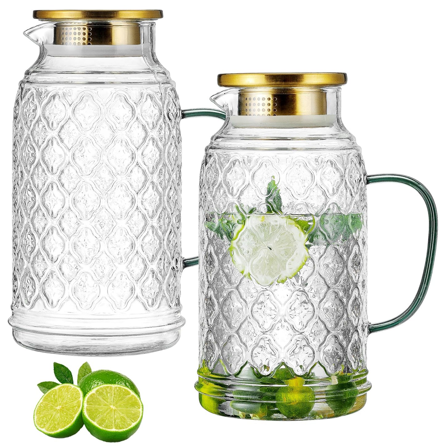 Glass Pitcher with Lid, 2 PACK 68 oz/2 Liter Vintage Water Pitcher, Clear Borosilicate Glass Water Carafe for Cold Brew, Coffee, Lemonade, Iced Sun Tea,Beverage, Milk, Heat Resistant