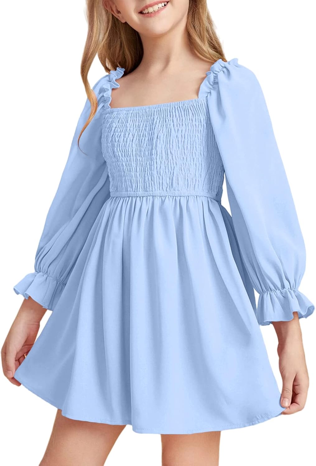 Little Girls Kids Summer Chiffon Ruffle Mini Dress Square Neck Lantern Sleeve Short Dress Tulle Smocked
