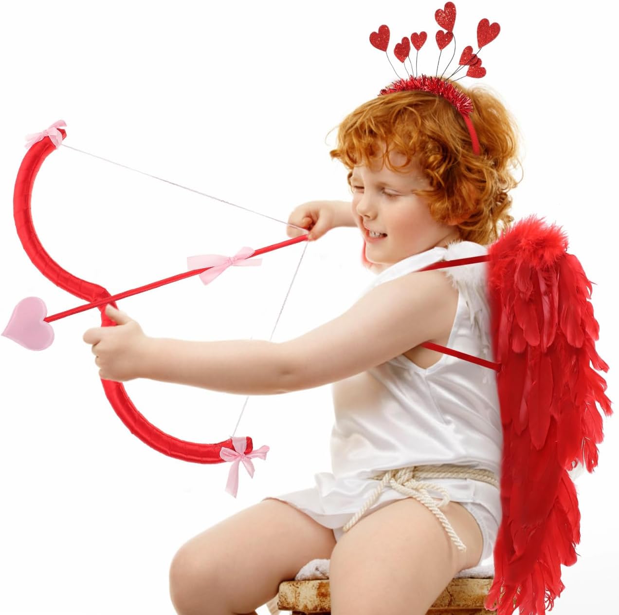 TENDYCOCO Cupid Costume Set Cupid Bow and Arrow Angel Wings Cupid Prop Heart Headband Valentines Halloween Costume for Cosplay Kids Children Valentine's Day