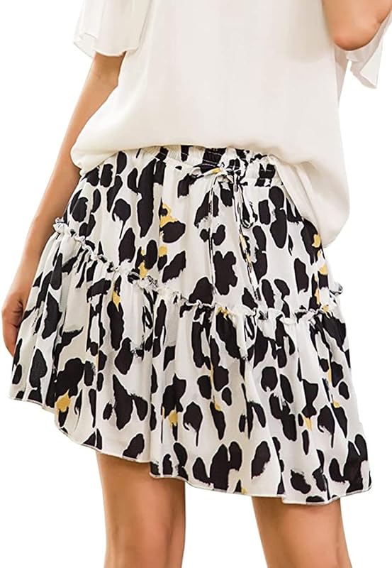 Hoerev Womens Girls Floral Flared Short Skirt Cute High Waist Ruffle Skirt Beach Mini Skirt