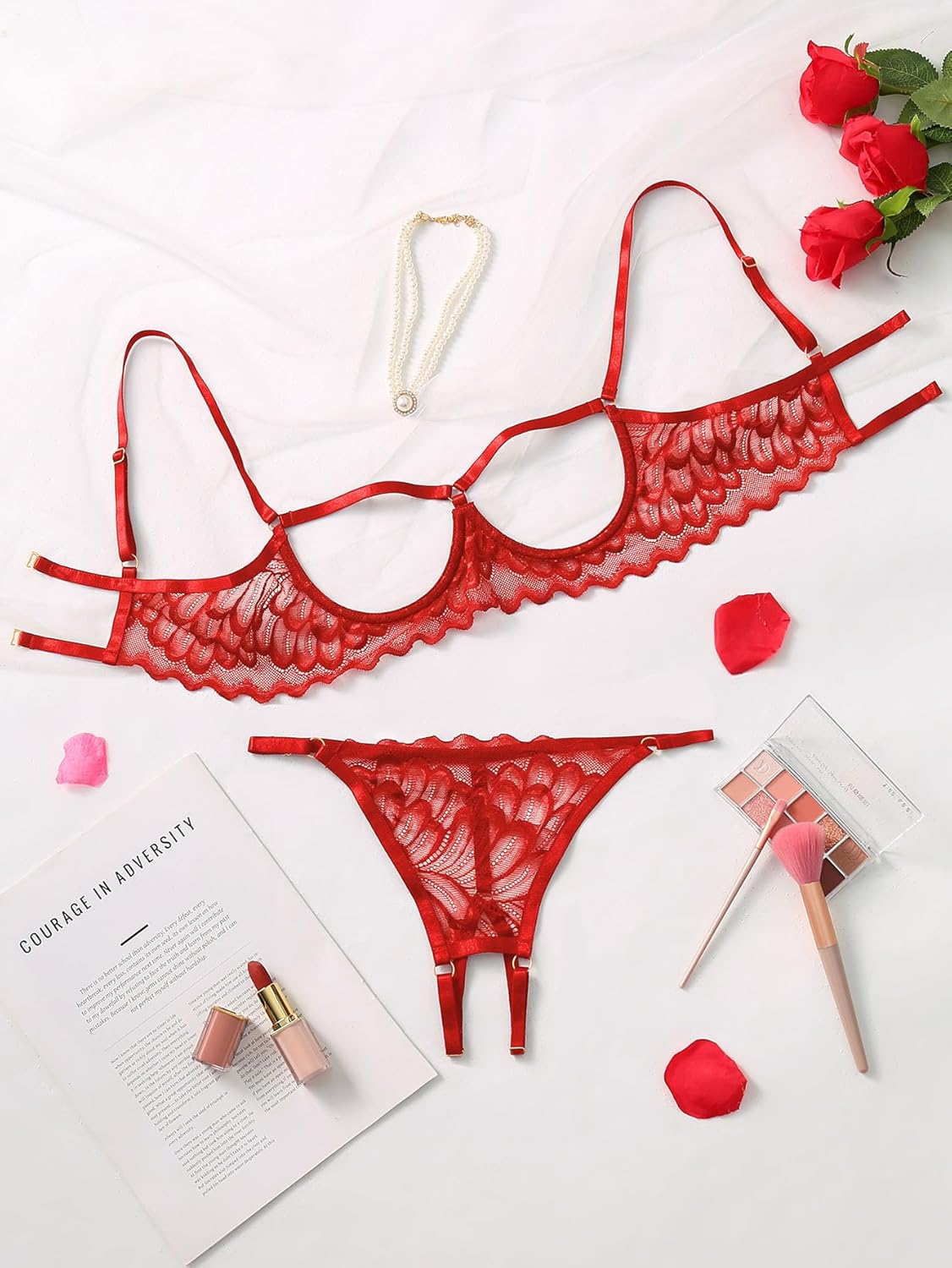 Lilosy Sexy Underwire Floral Lace Sheer Lingerie Set for Women See Through Bra and Panty 2 Piece