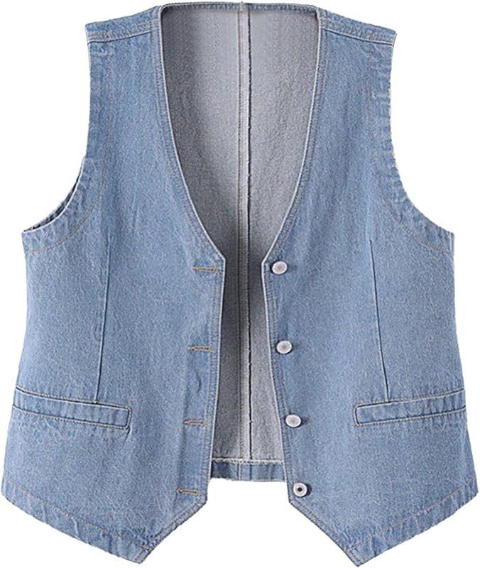Womens Sleeveless Denim Vest V Neck Button Down Jean Waistcoat Y2K Casual Trendy Loose Fit Lightweight Jackets with Pockets