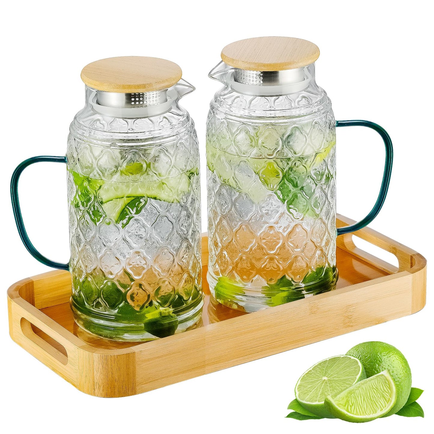 Glass Pitcher with Lid, 2 PACK 68 oz/2 Liter Vintage Water Pitcher, Clear Borosilicate Glass Water Carafe for Cold Brew, Coffee, Lemonade, Iced Sun Tea,Beverage, Milk, Heat Resistant