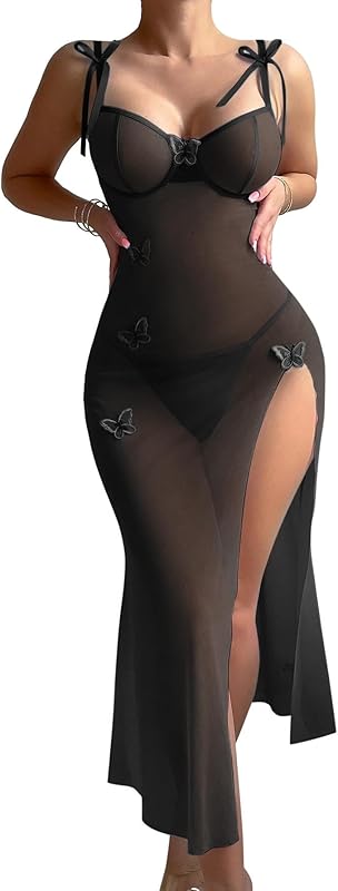 Sexy Butterfly Split Leg Underwire Sheer Mesh Maxi Lingerie Dress with Thong 2 Piece Set