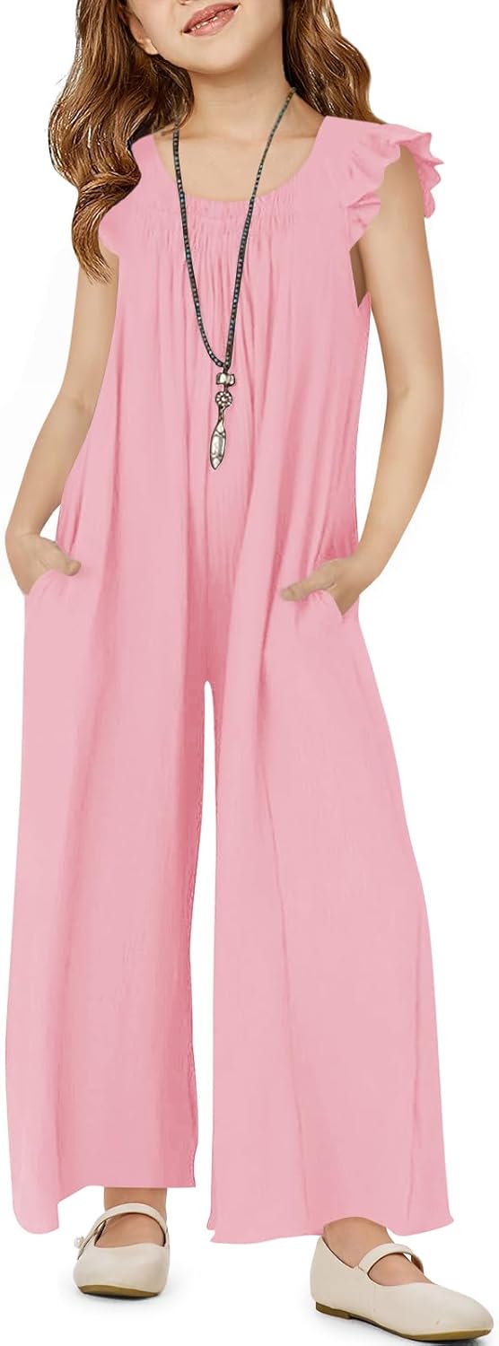 Haloumoning Girls Wide Leg Loose Jumpsuit Kids Casual Ruffle Sleeve Round Neck Romper with Pockets 5-14 Years
