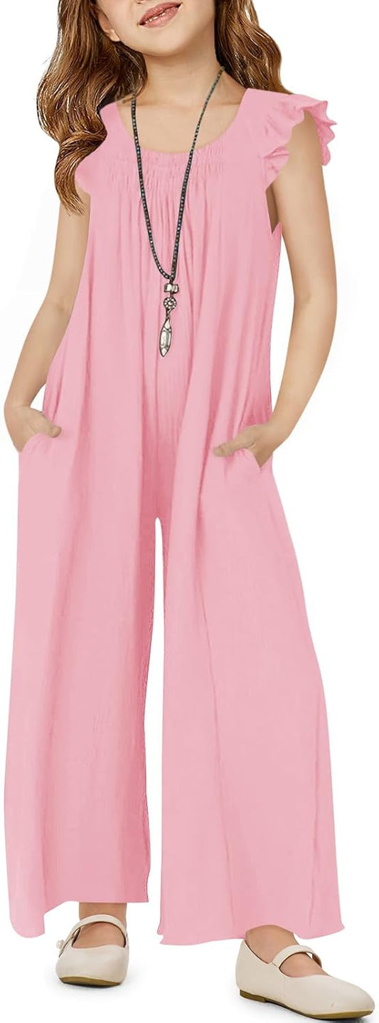 Haloumoning Girls Wide Leg Loose Jumpsuit Kids Casual Ruffle Sleeve Round Neck Romper with Pockets 5-14 Years
