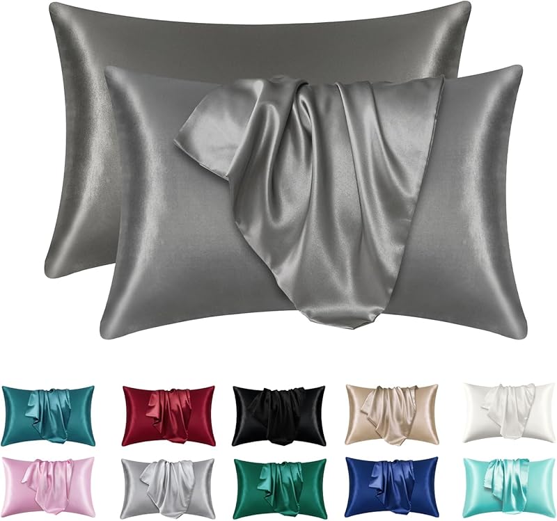 Satin Silk Pillowcases for Skin and Hair,Set of 2 Satin Pillow Cases for Women with Envelope Closure,Soft Breathable Smooth Cooling Silk Pillow Covers for Gifts，Solid Black，Queen (20" x 30")