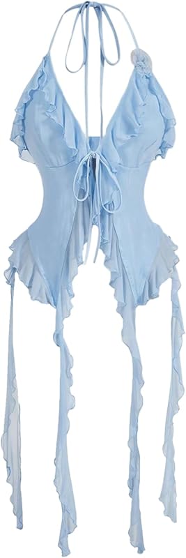 WDIRARA Women's 3D Flower Tie Front Ruffle Trim Halter Top Tie Backless Camisole