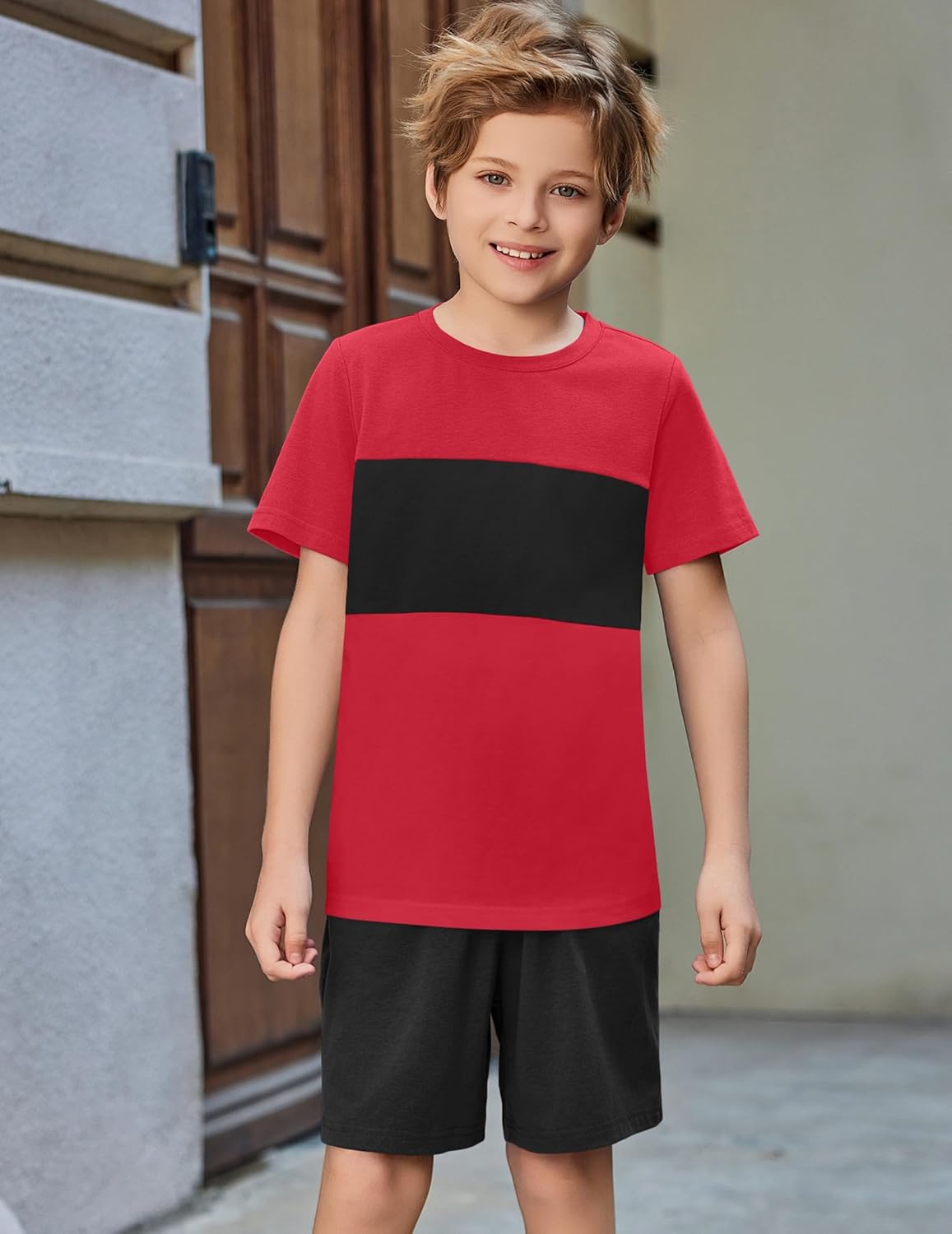 Arshiner Boys' 2-Piece Cotton Outfit Color Block T-Shirt and Shorts Set Casual Summer Clothes for Kids 6-14 Years