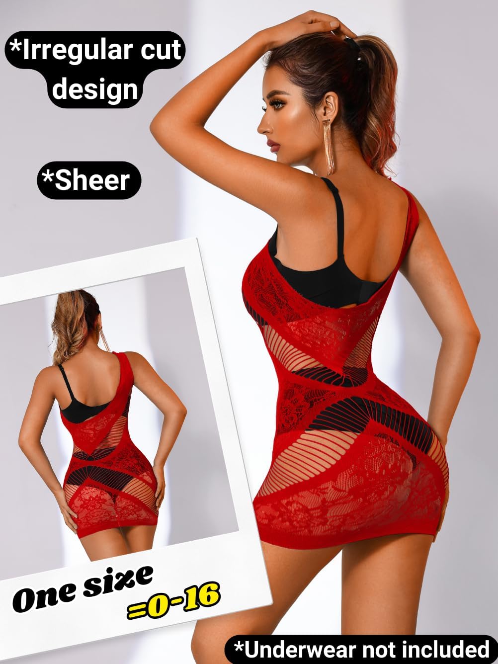 Lace Mini Dress Lingerie, Fit 0-16 Exotic Stripper Outfit for Women, Sexy Floral Mesh See Sheer Through Plus Size