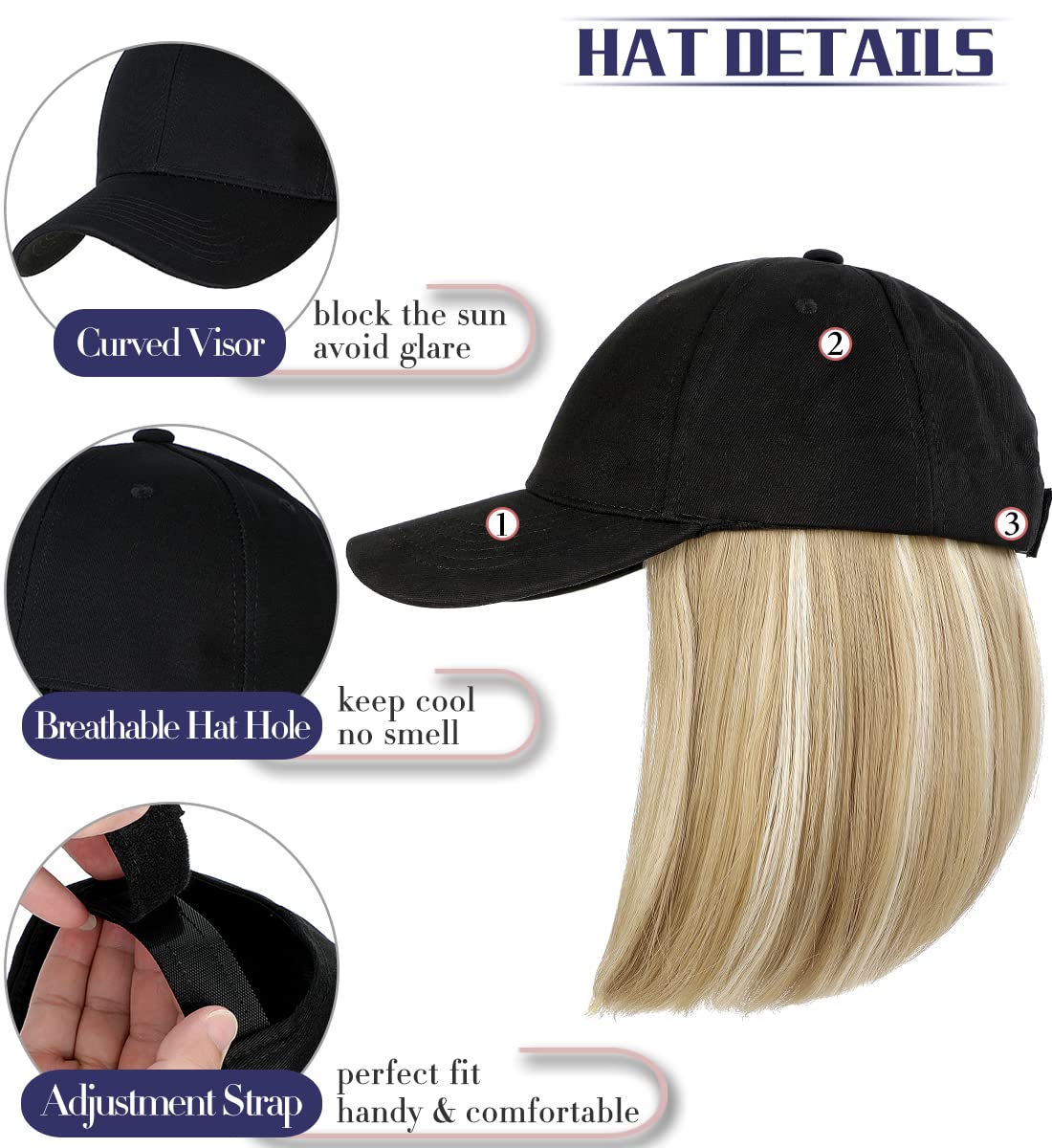 Qlenkay Baseball Cap with Hair Extensions Straight Short Bob Hairstyle Adjustable Removable Wig Hat 14inch for Woman Girl Ash Blonde Mix Bleach Blonde
