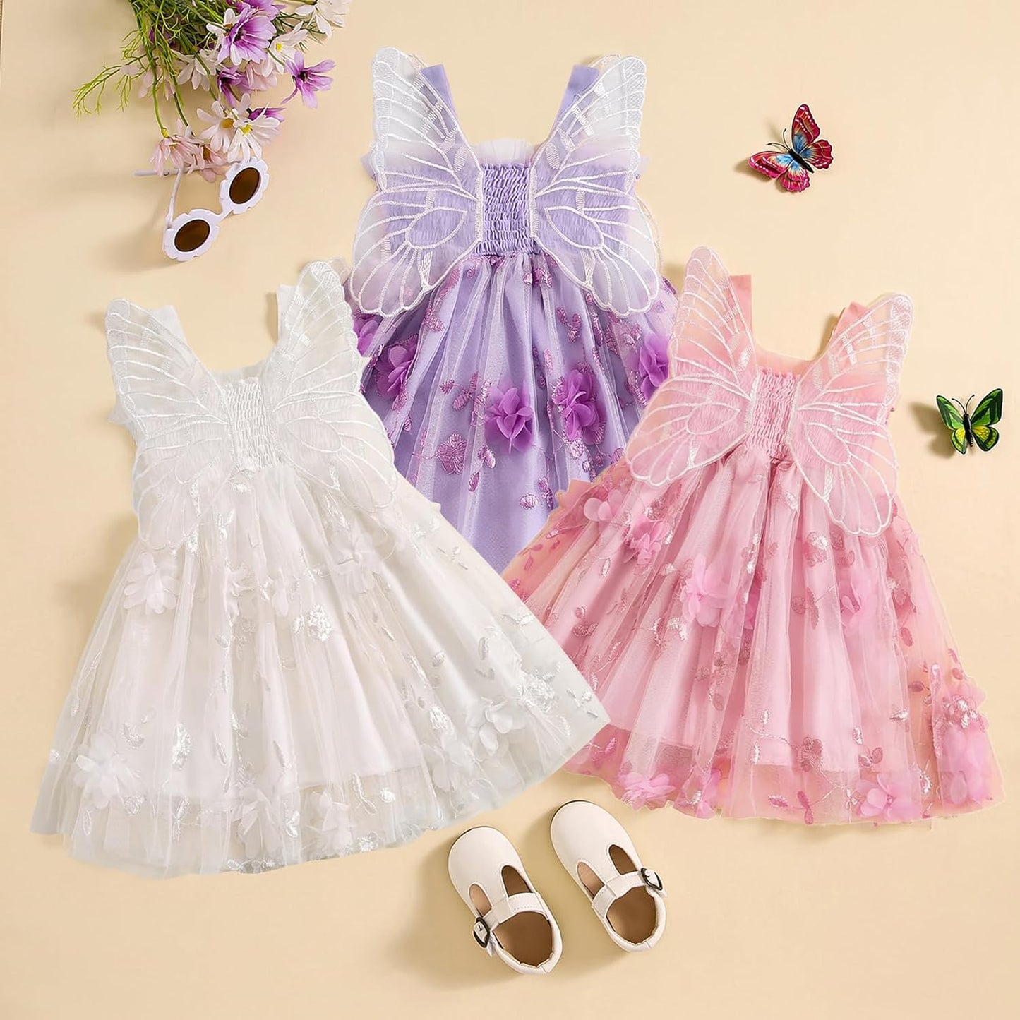 Toddler Infant Baby Girls Summer Dress Newborn Girl Tulle Dress with Butterfly Wing Beach Party Fall Clothes