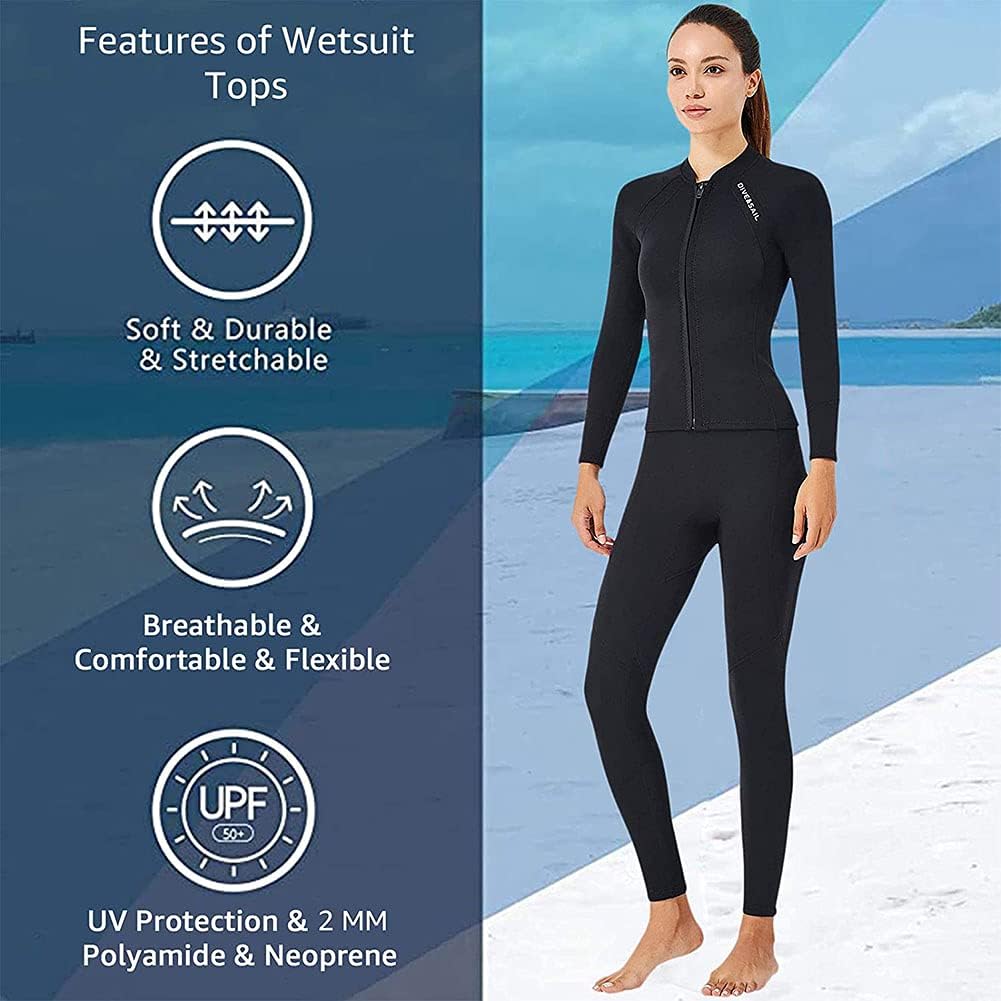 Wetsuit Top Women Men 2MM Neoprene Wetsuit Jacket Long Sleeve Diving Surfing Top, 3MM 1.5MM Wetsuits Shirt Vest Scuba Swimming Snorkeling Suit Swimsuit Warm Front Zip for Water Sports