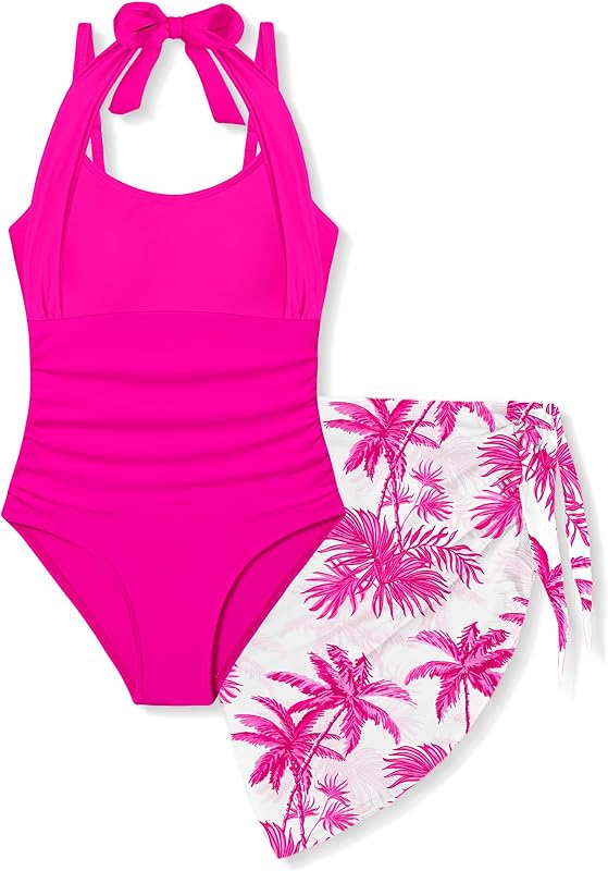 Girls Swimsuit Halter Neck One Piece Bathing Suit with Tropical Printed Cover Up Skirt Girls' Swimwear Set 7-18Y