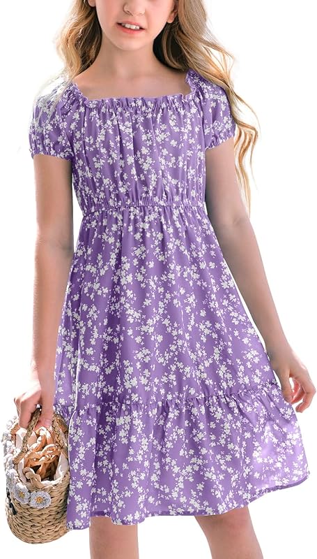 Haloumoning Girls' Dresses Square Neck Floral Dress Dresses Summer Puff Sleeves A-line Midi Dress Kids Party Dress