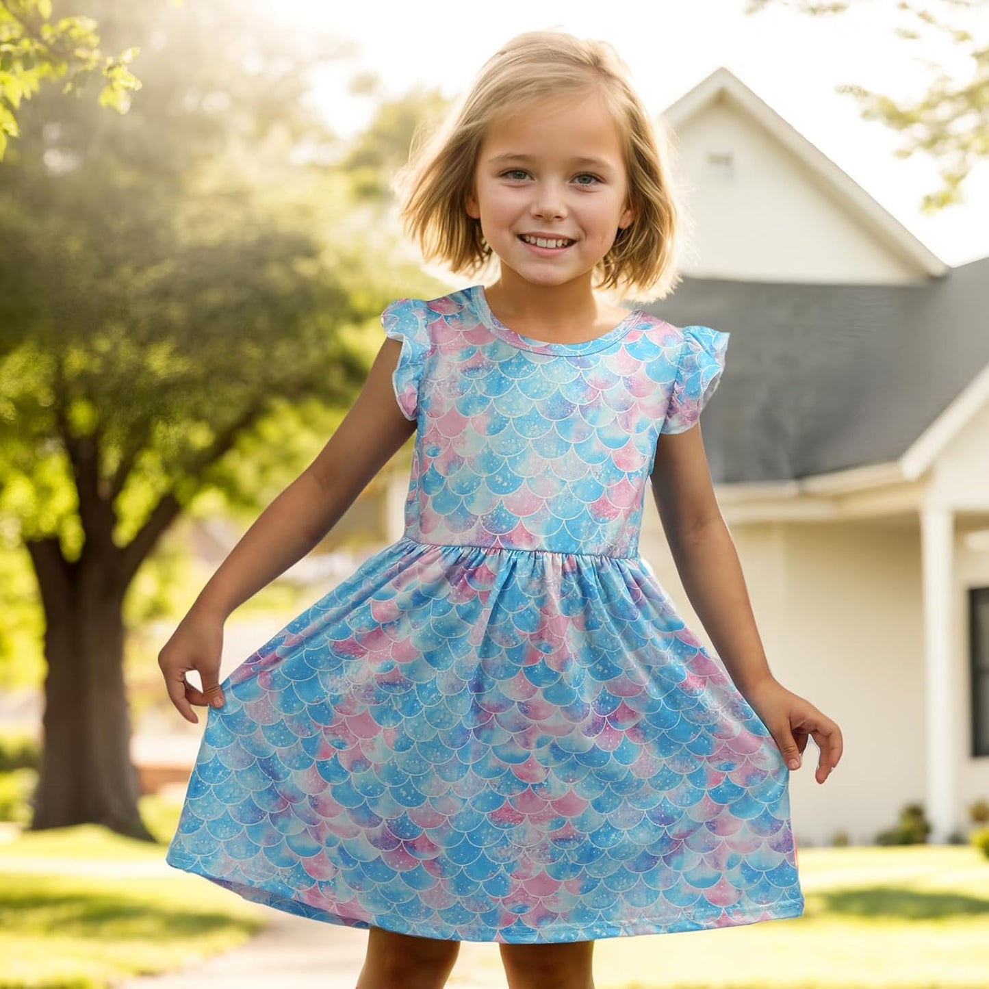 Toddler Little Girls Casual Dresses Short Sleeve Crew Neck Graphic Cartoon Dress for 2-8 Years
