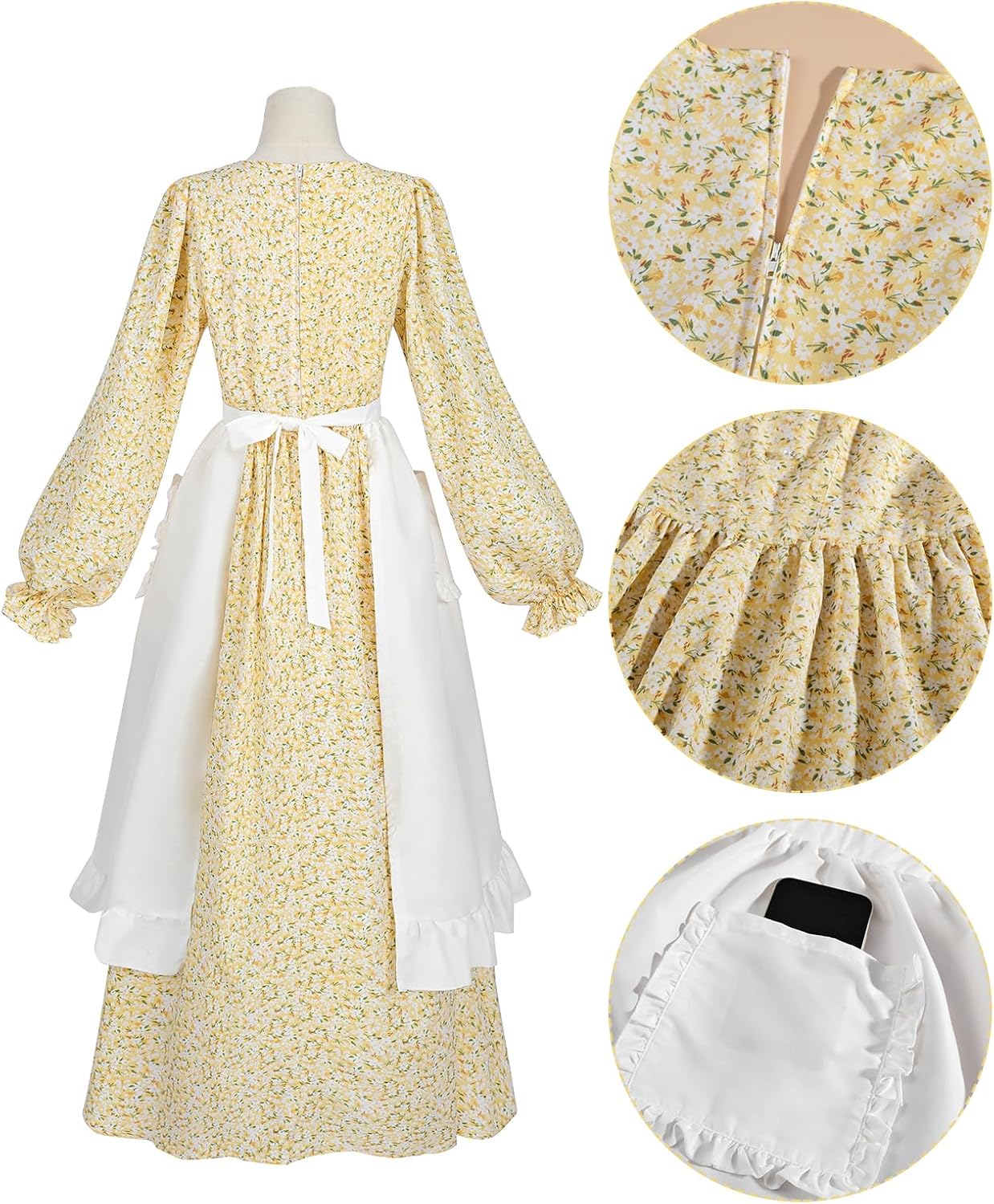 NSPSTT Prairie Dress Women Pioneer Colonial Costume Floral Dresses 3pcs Set