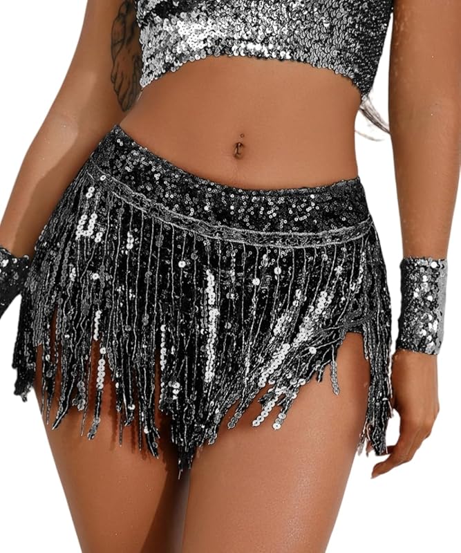 Yollmart Women's Sequins Tassel Skirts Shorts Booty Dance Festival Bottoms