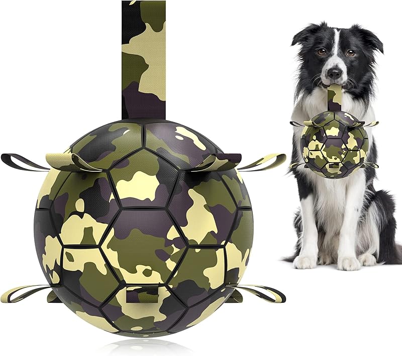 QDAN Dog Toys Balls, Dog Soccer Ball with Straps, Dog Birthday Gifts, Herding Ball, Durable Dogs Balls for Small Medium Pet, Puppy Outdoor Water Toy, World Cup Soccer (6 Inch)