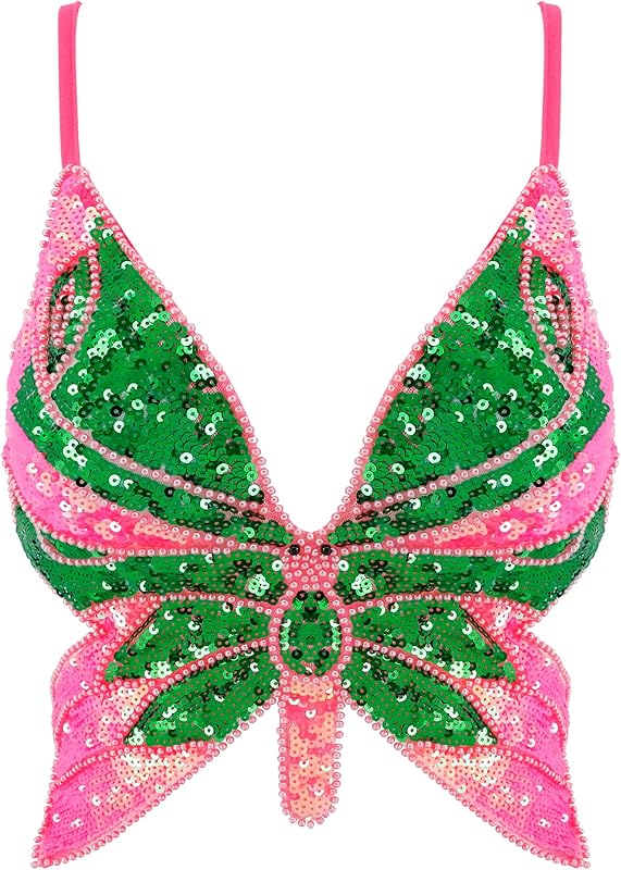 Mocure Womens Glitter Sequin Butterfly Crop Top Low-Cut Tank Top Rave Tube Vest Top for Belly Dance Costume Outfits